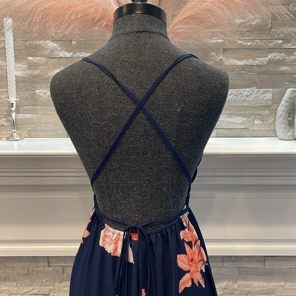 NAVY BLUE PINK FLORAL PLUNGE V NECK CRISSCROSS BACK HIGH SLIT MAXI DRESS Small - Picture 8 of 11